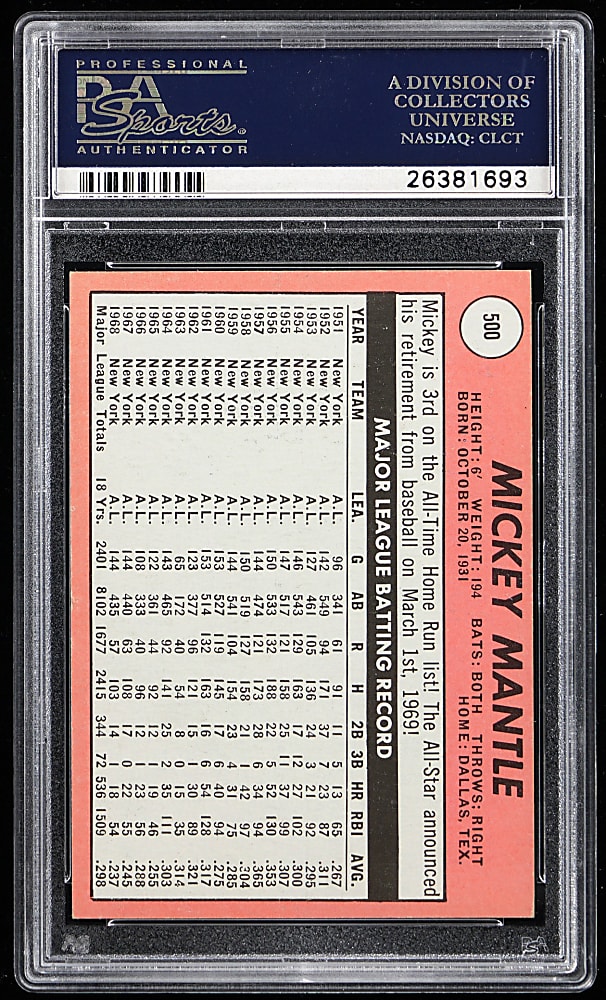 1969 Topps #500 Mickey Mantle PSA EX-MT 6