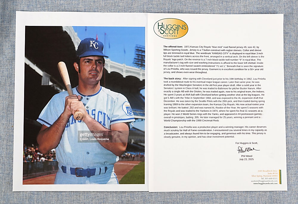 1971 Lou Piniella Signed Kansas City Royals Game-Used Blue Mist Road Jersey - Phil Wood LOA