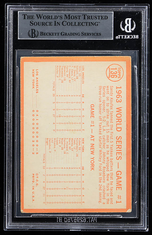 1964 Topps #136 World Series Game 1 Sandy Koufax Strikes Out 15 Signed - Beckett Authentic