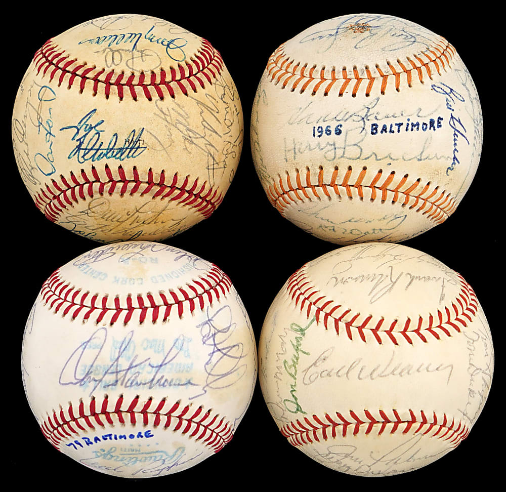 1966-1983 Baltimore Orioles World Series/American League Champions Team-Signed Baseballs Group (4) with 1966, 1969, 1979 & 1983 - (102) Total Signatures Including Palmer, Ripken, Robinsons