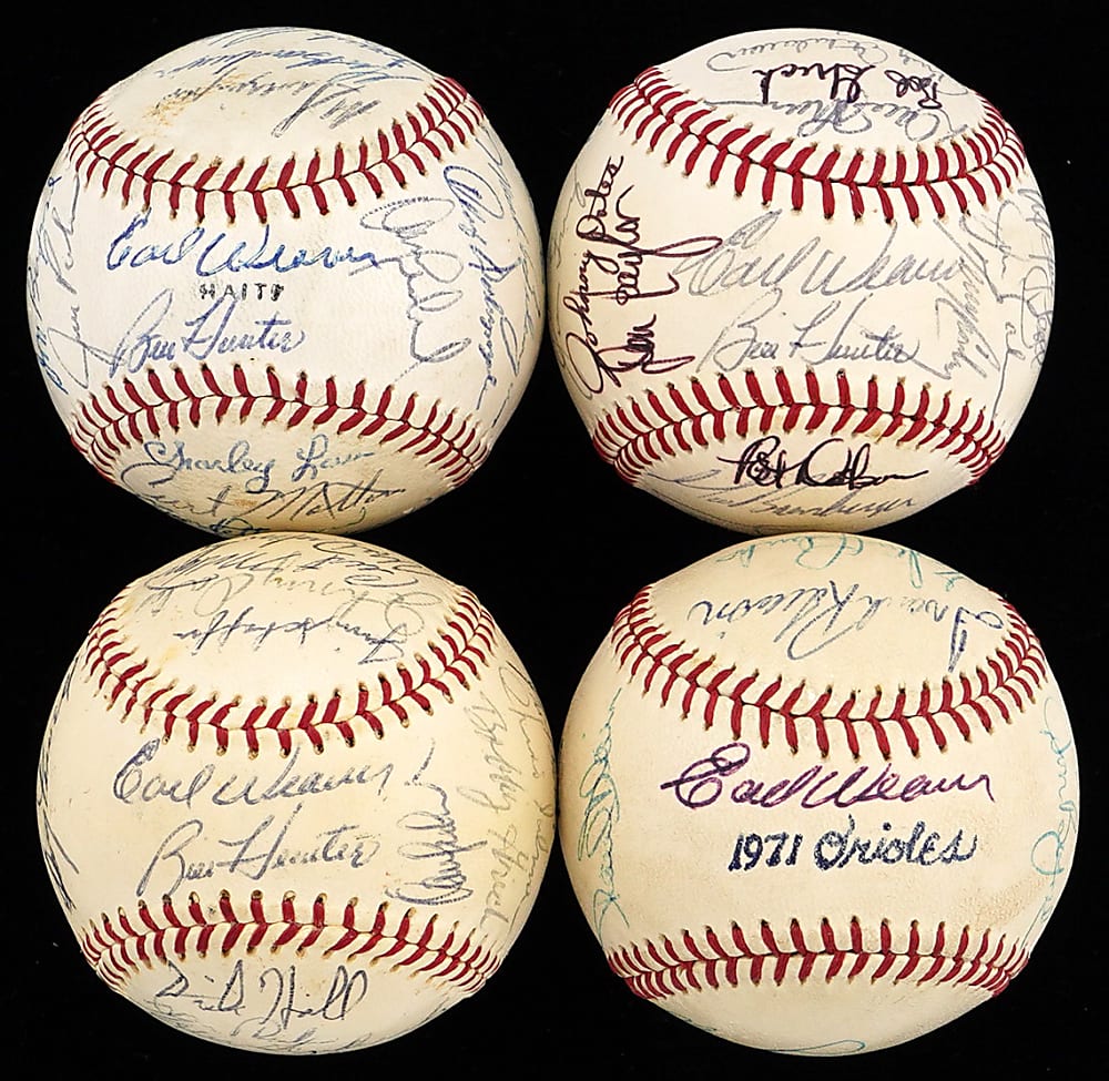 1969-1972 Baltimore Orioles Team-Signed Baseball Consecutive Season Run (4) with (99) Total Signatures Including B. Robinson, F. Robinson, Palmer, Weaver & Powell