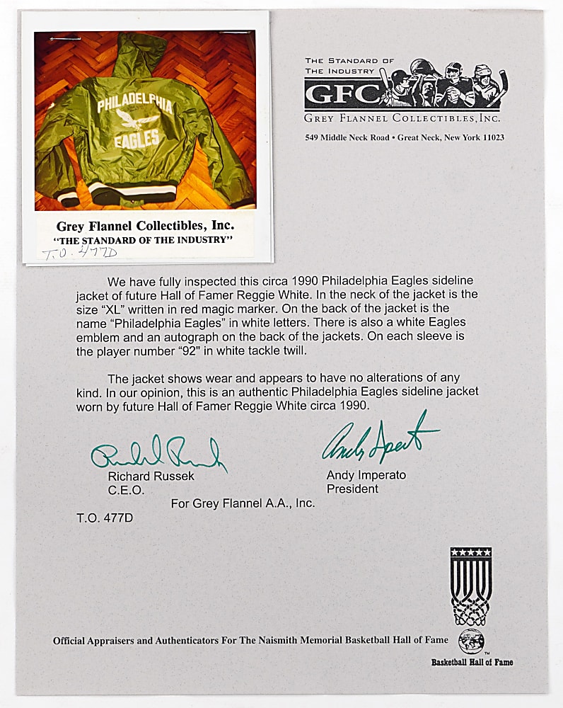 Circa 1990 Reggie White Philadelphia Eagles Signed Game-Worn Sideline Jacket - Full JSA LOA & GF LOA