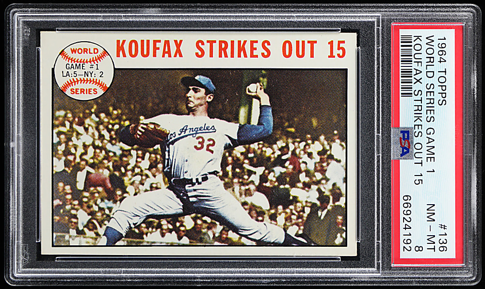 1964 Topps #136 World Series Game 1 Sandy Koufax Strikes Out 15 PSA NM-MT 8