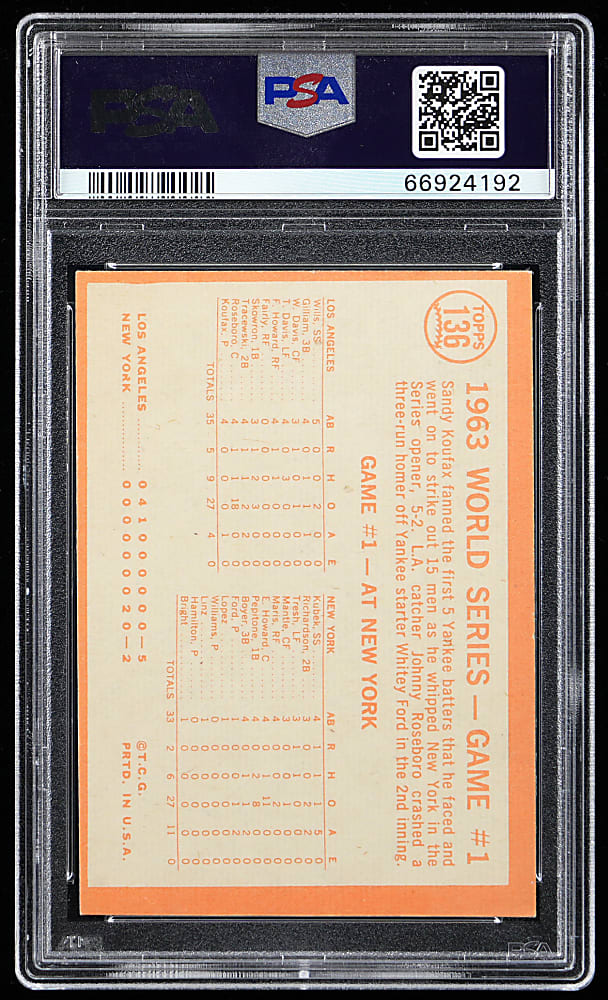 1964 Topps #136 World Series Game 1 Sandy Koufax Strikes Out 15 PSA NM-MT 8