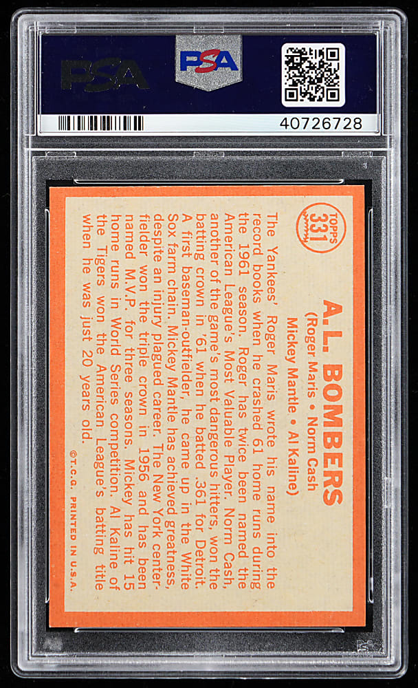 1964 Topps #331 A.L. Bombers with Mickey Mantle & Roger Maris PSA NM 7