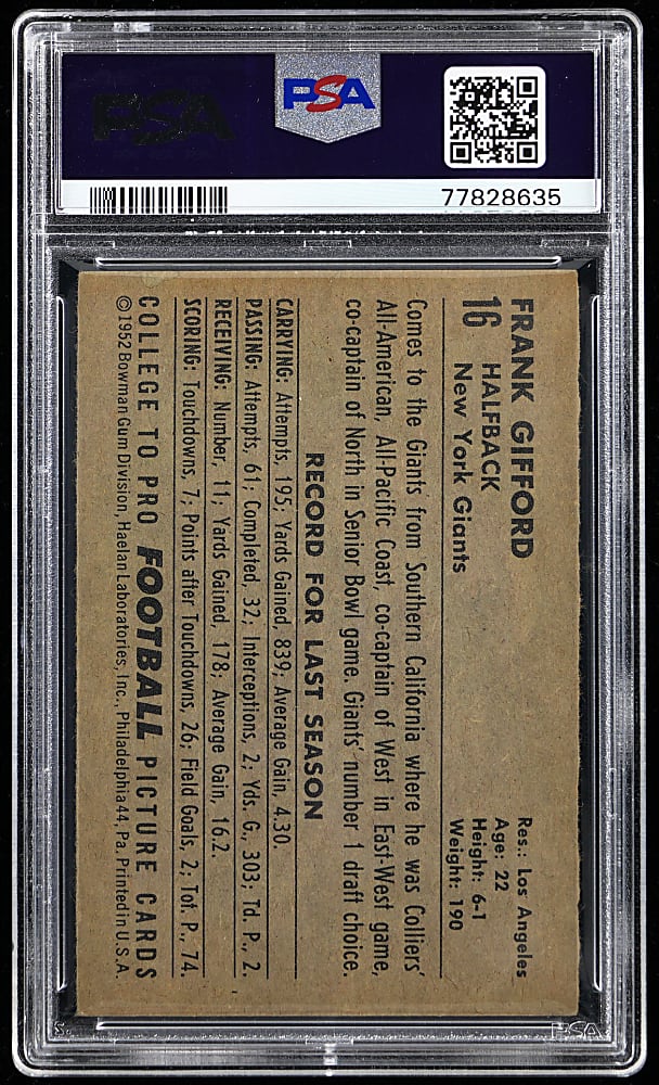 1952 Bowman Football Large #16 Frank Gifford Rookie PSA EX+ 5.5