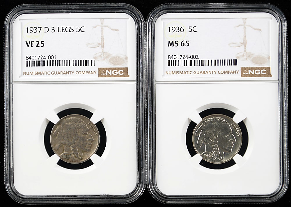 1936-1937 Buffalo Nickel NGC Graded Coins (2) with 1937-D 3Legs VF25 & 1936 MS65