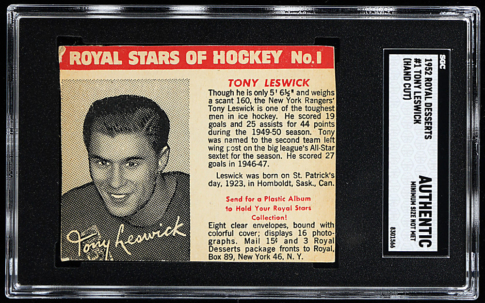 1952 Royal Desserts Hockey #1 Tony Leswick SGC Authentic
