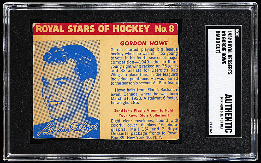 Incredibly Rare 1952 Royal Desserts Hockey #8 Gordie Howe Blue Tint SGC Authentic