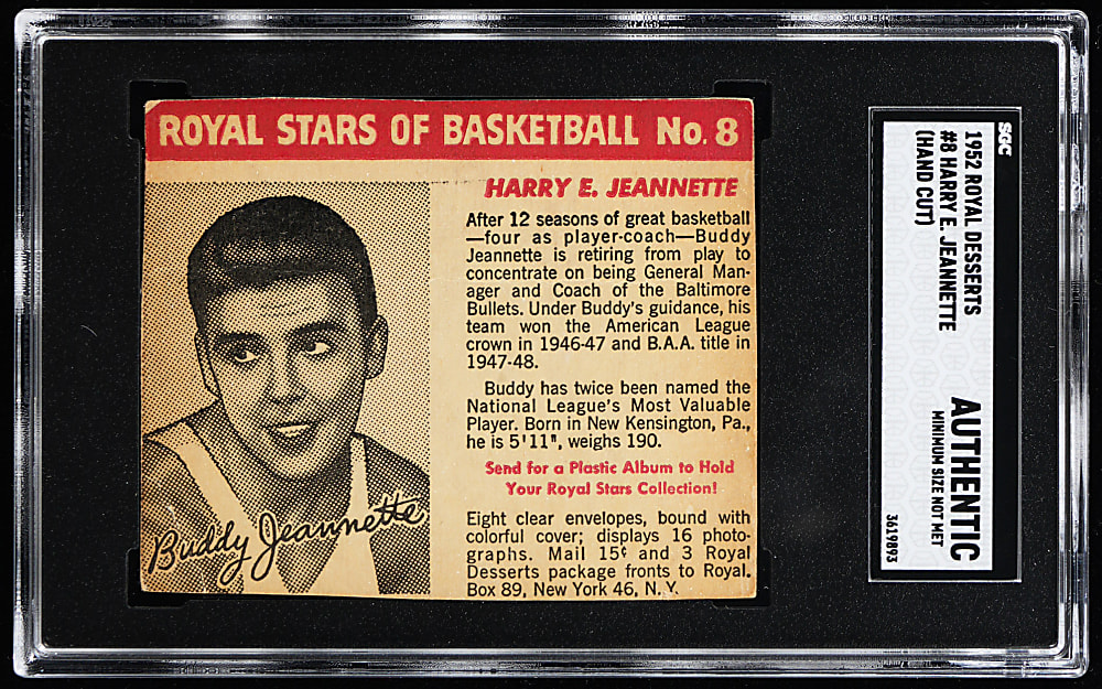 1952 Royal Desserts Basketball #8 Buddy Jeannette SGC Authentic