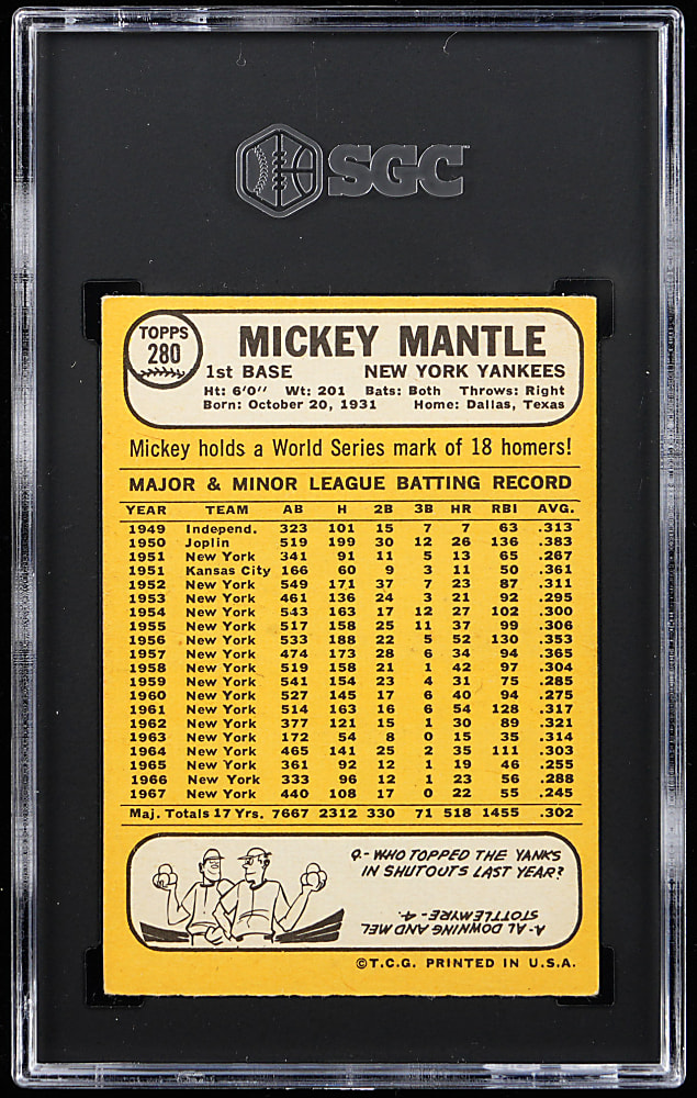 1968 Topps #280 Mickey Mantle SGC EX 5
