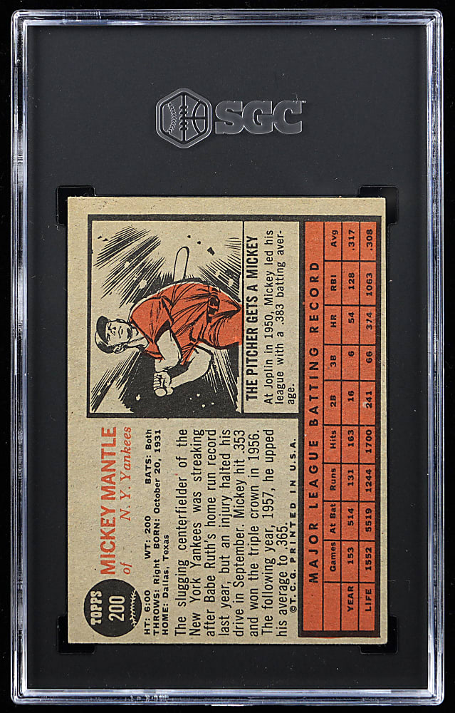1962 Topps #200 Mickey Mantle SGC GOOD+ 2.5