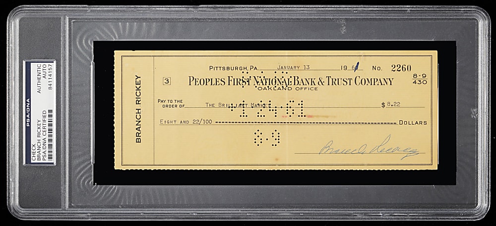 1961 Branch Rickey Signed People's First National Bank Check - PSA Authentic