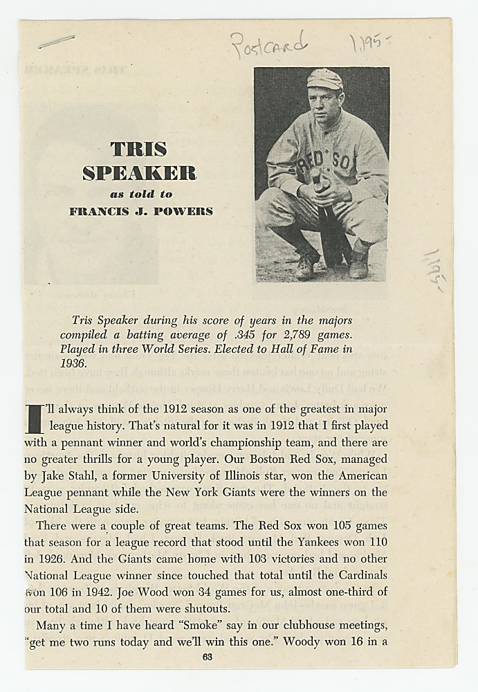 Tris Speaker Cleveland Indians Signed Photo Postcard