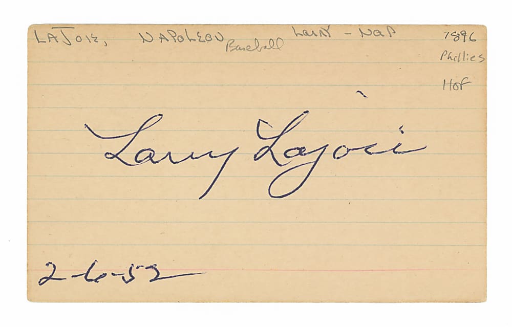 1952 Larry (Nap) Lajoie Boldly Signed 3x5 Index Card with Full JSA LOA & International News Photos Inc. 8x10 Photograph