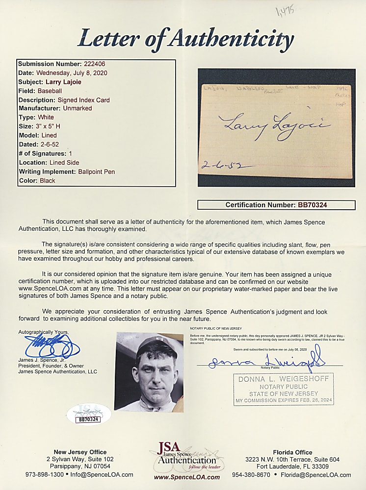1952 Larry (Nap) Lajoie Boldly Signed 3x5 Index Card with Full JSA LOA & International News Photos Inc. 8x10 Photograph
