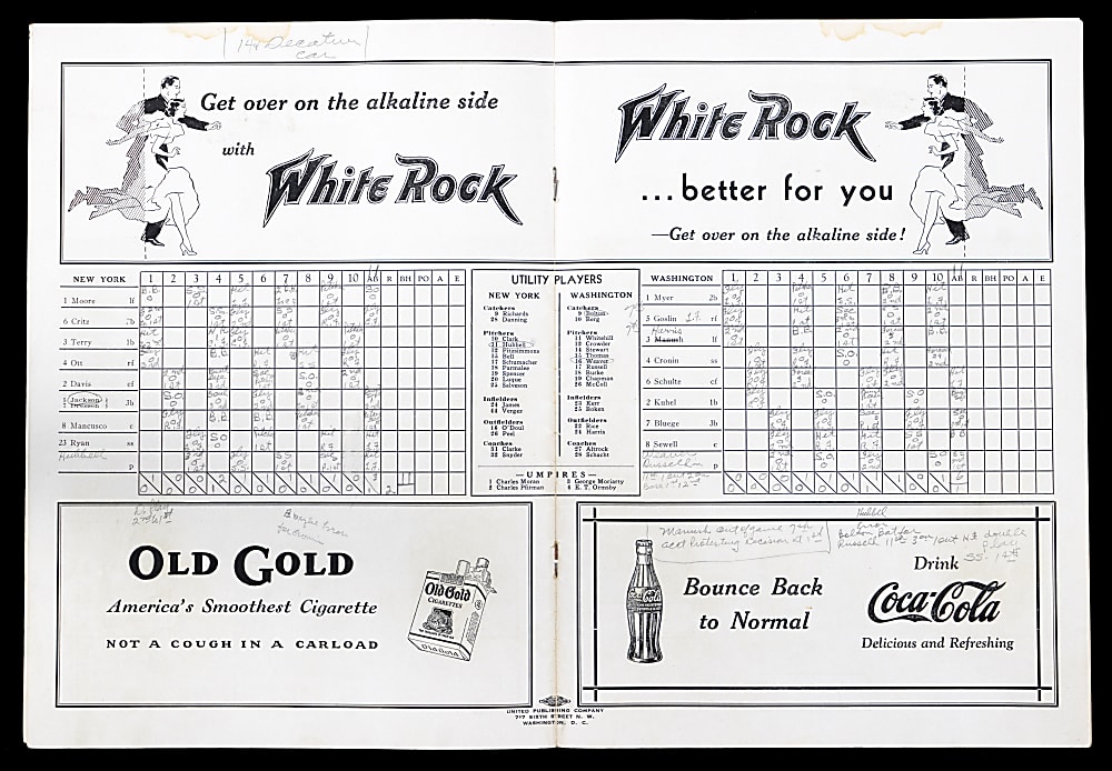 1933 World Series Game 4 Program New York Giants at Washington Nationals - Neatly Scored (Bill Terry Home Run)