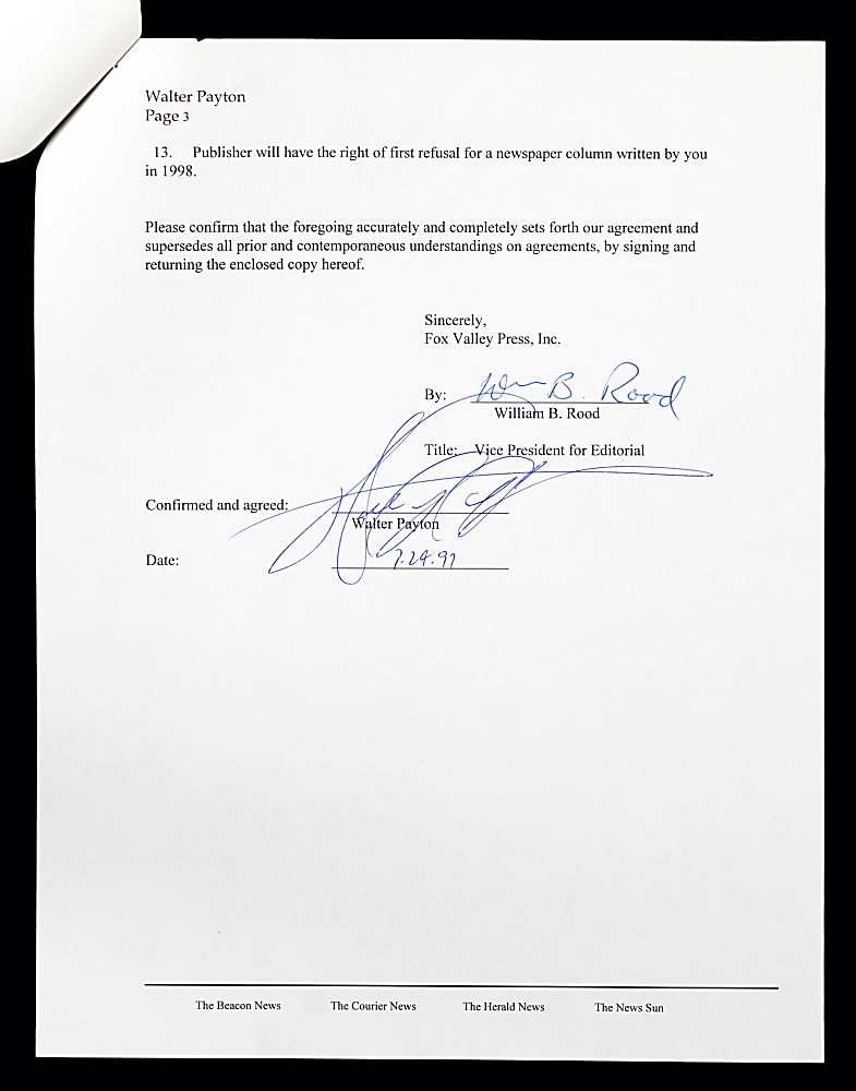 1997 Walter Payton Boldy Signed Copley Newspapers Contract for Football Weekend