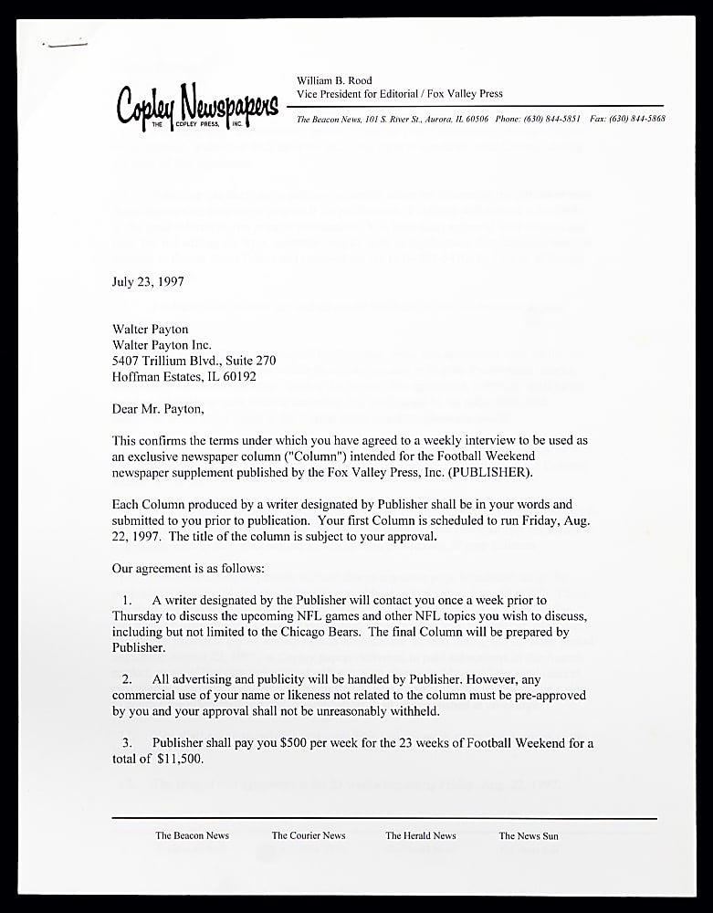 1997 Walter Payton Boldy Signed Copley Newspapers Contract for Football Weekend
