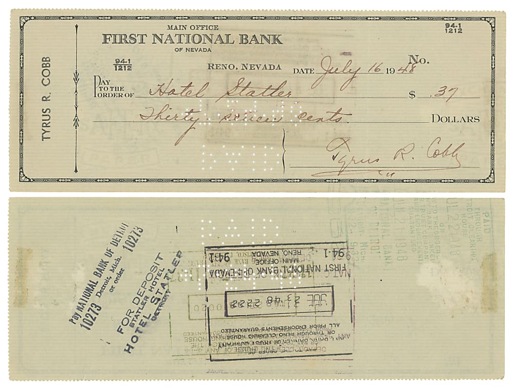 1948 Tyrus R. Cobb Signed First National Bank Check