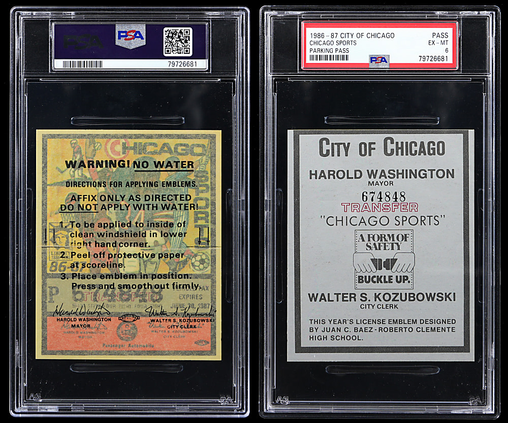 1986-1987 City of Chicago Sports Parking Pass with Walter Payton & Rookie Era Michael Jordan PSA EX-MT 6 - Total Population 1!