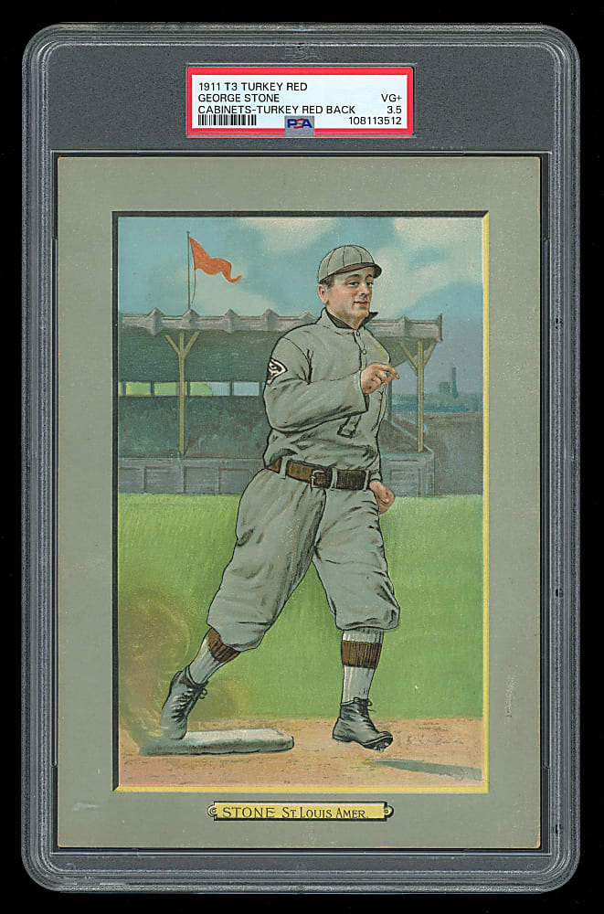 1911 T3 Turkey Red Cabinets #119 George Stone Ad Back PSA VG+ 3.5