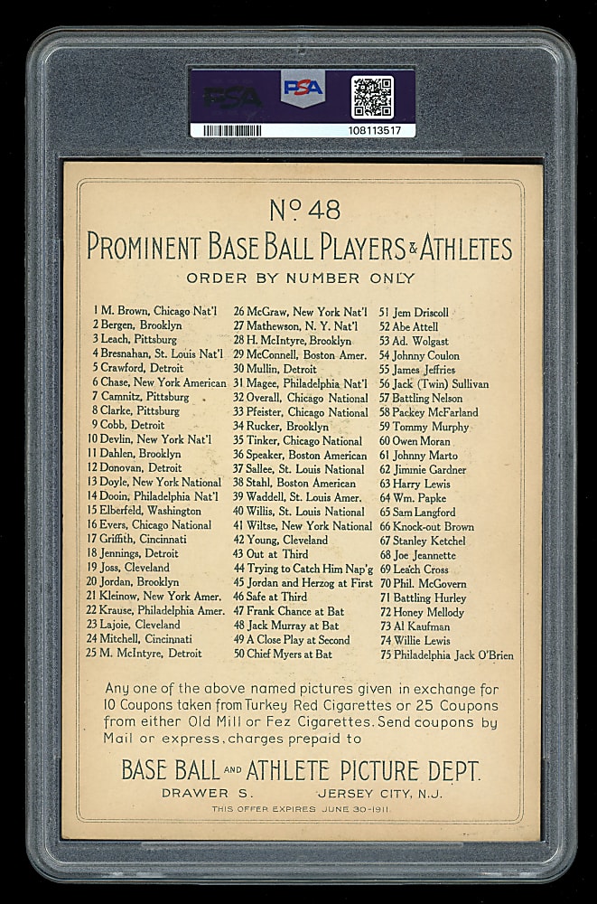 1911 T3 Turkey Red Cabinets #48 Jack Murray Checklist Back PSA VG-EX 4