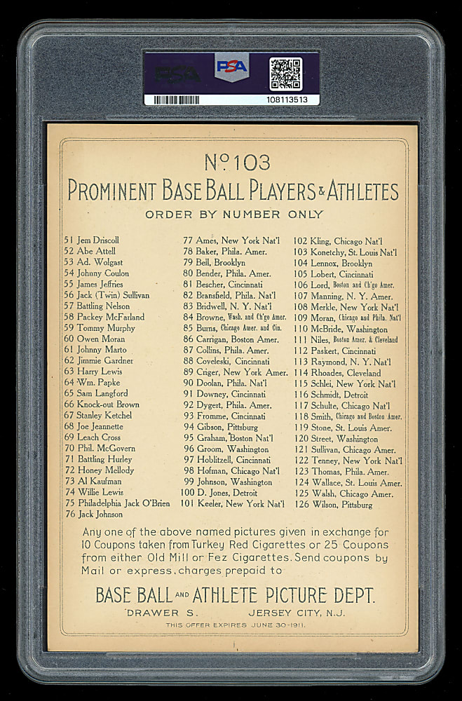 1911 T3 Turkey Red Cabinets #103 Ed Konetchy Checklist Back PSA VG-EX 4