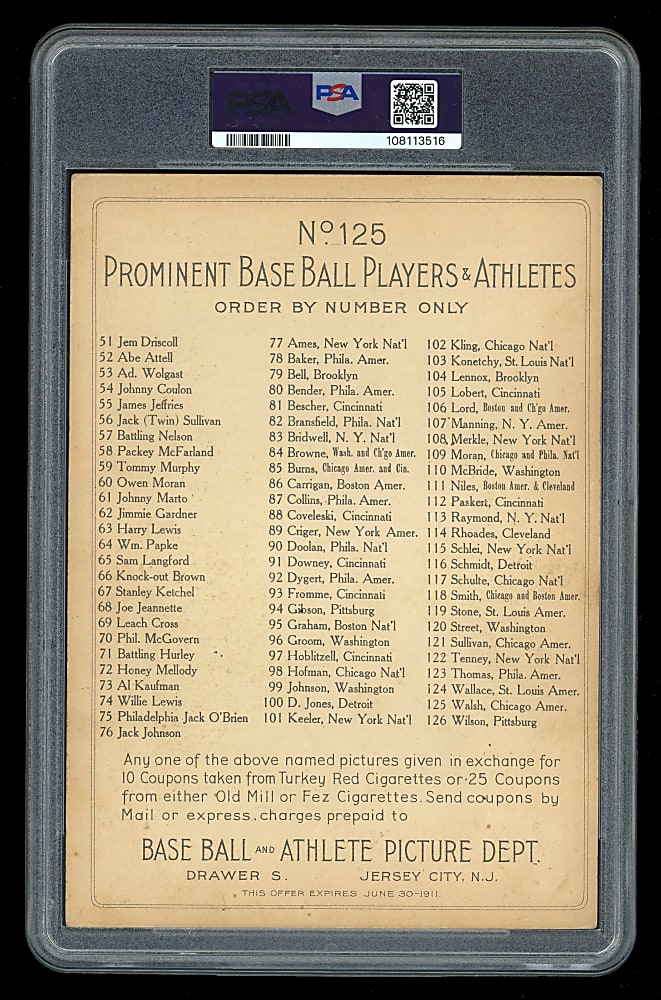 1911 T3 Turkey Red Cabinets #125 Ed Walsh Checklist Back PSA GOOD+ 2.5