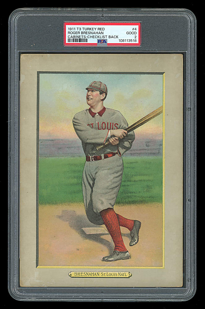 1911 T3 Turkey Red Cabinets #4 Roger Bresnahan Checklist Back PSA GOOD 2