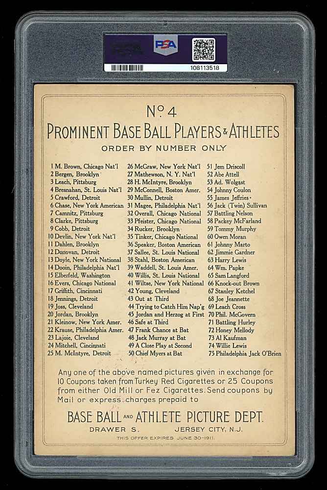 1911 T3 Turkey Red Cabinets #4 Roger Bresnahan Checklist Back PSA GOOD 2
