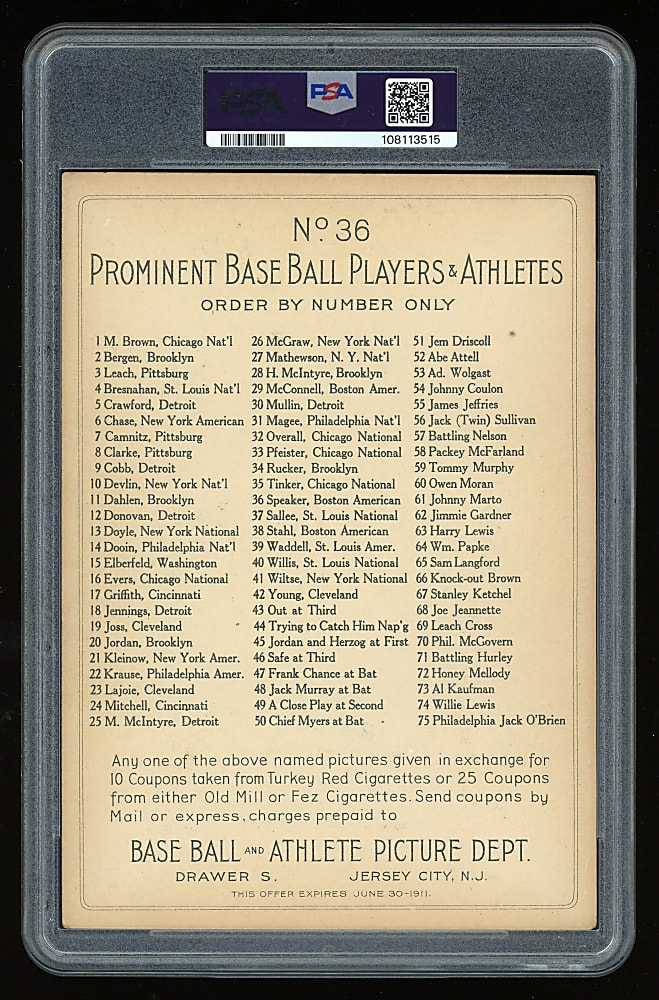 1911 T3 Turkey Red Cabinets #36 Tris Speaker Checklist Back PSA VG 3