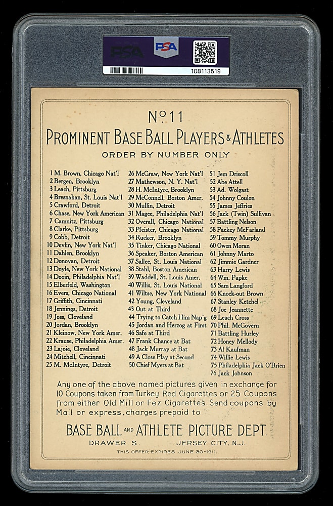 1911 T3 Turkey Red Cabinet #11 Bill Dahlen Checklist Back PSA VG 3