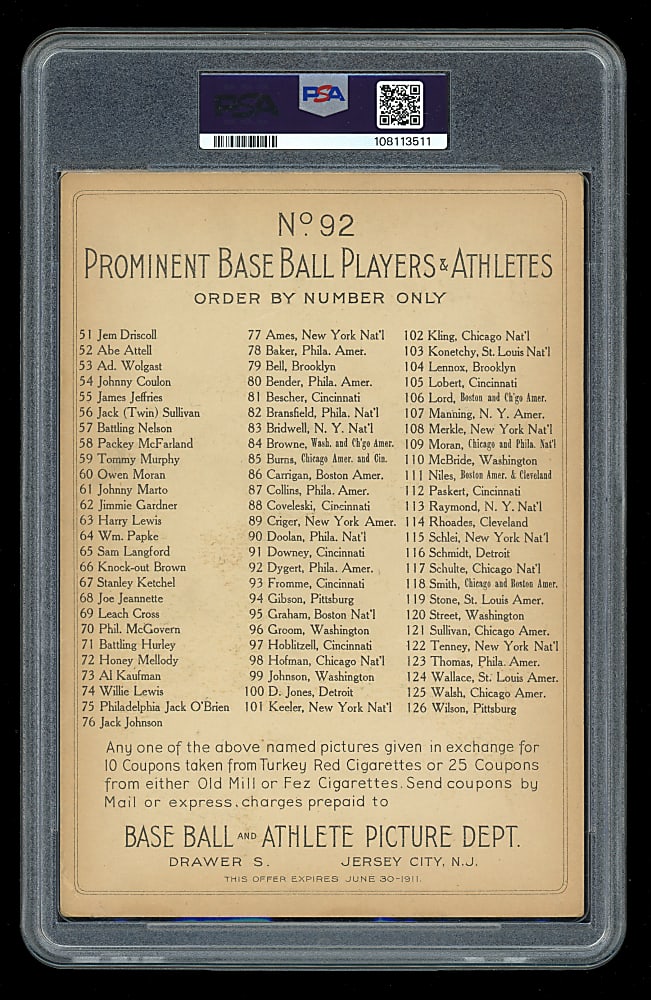 1911 T3 Turkey Red Cabinets #92 Jimmy Dygert Checklist Back PSA VG 3