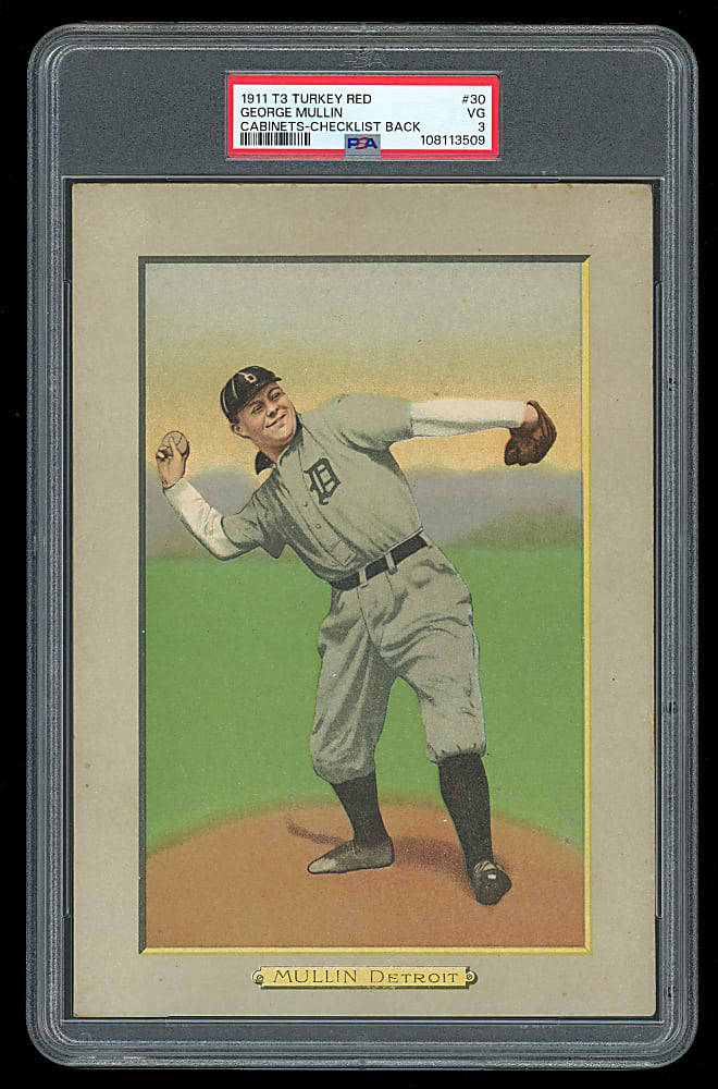 1911 T3 Turkey Red Cabinets #30 George Mullin Checklist Back PSA VG 3