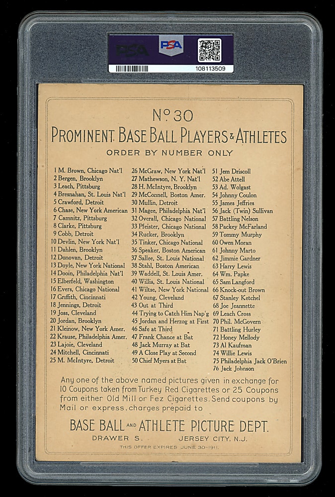 1911 T3 Turkey Red Cabinets #30 George Mullin Checklist Back PSA VG 3