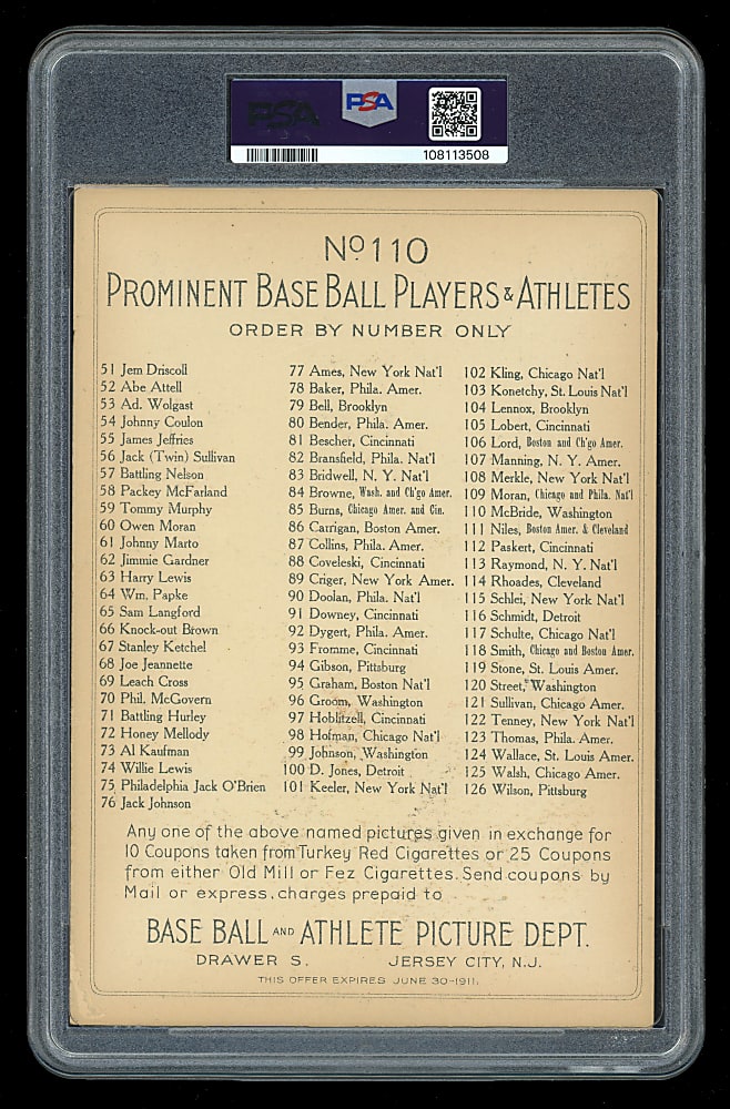 1911 T3 Turkey Red Cabinets #110 George McBride Checklist Back PSA VG 3