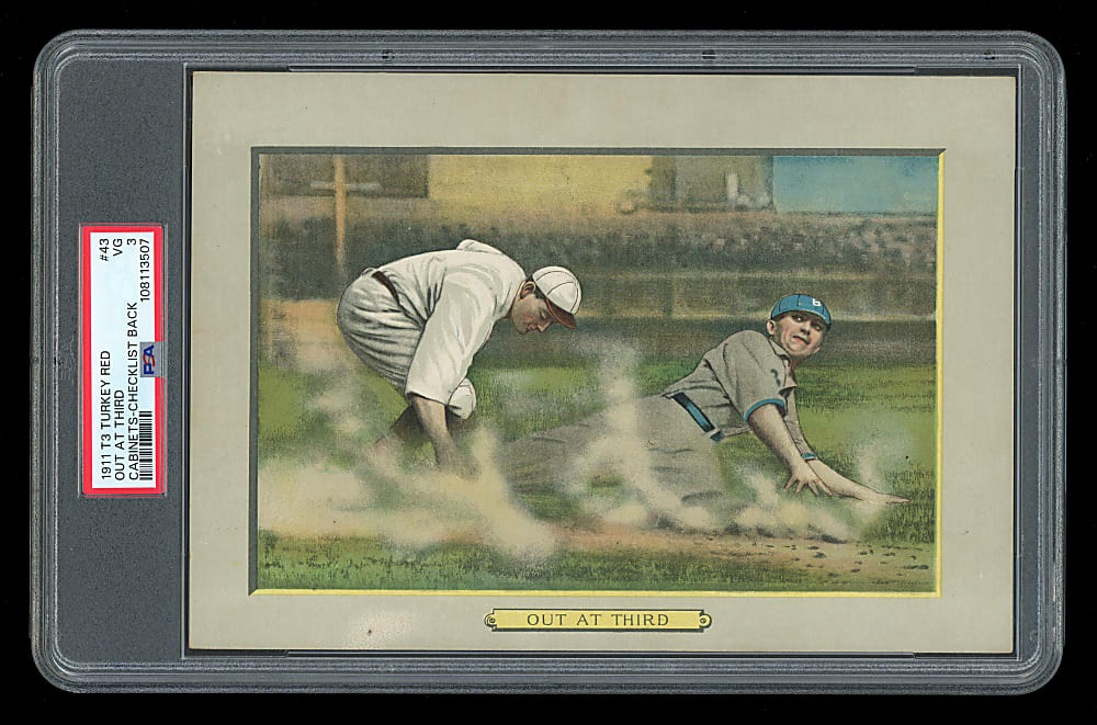 1911 T3 Turkey Red Cabinets #43 Out at Third Checklist Back PSA VG 3