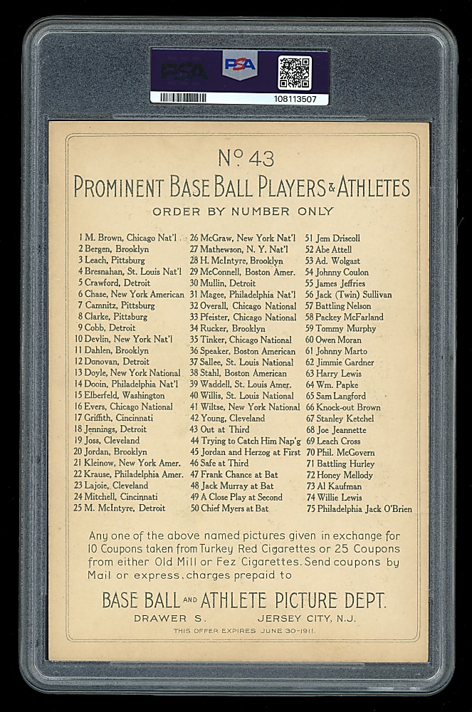 1911 T3 Turkey Red Cabinets #43 Out at Third Checklist Back PSA VG 3