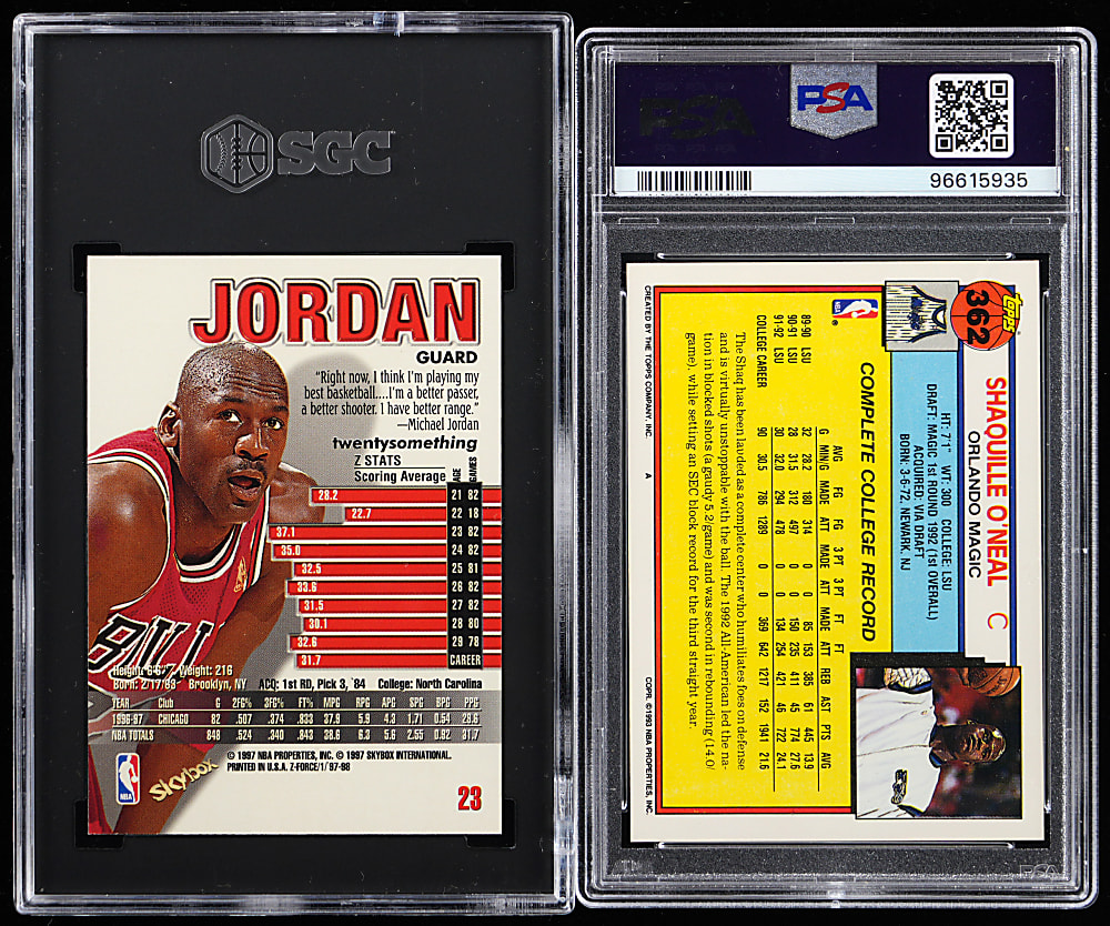 1992-1993 Topps Basketball #362 Shaquille O'Neal Rookie & 1997-1998 Skybox Z-Force #23 Michael Jordan Graded GEM MINT 10 Pair