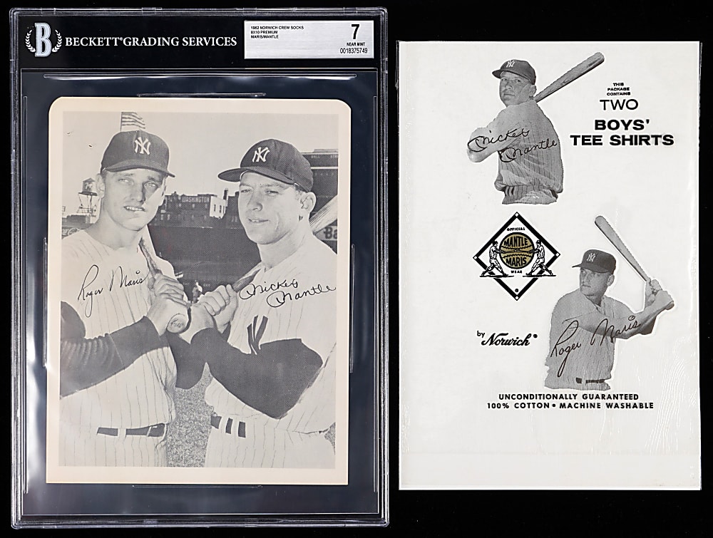 1962 Norwich Crew Socks Mickey Mantle/Roger Maris 8x10 Premium BGS Near Mint 7 Plus Mantle/Maris Boy's Tee Shirt Cellophane Wrapper
