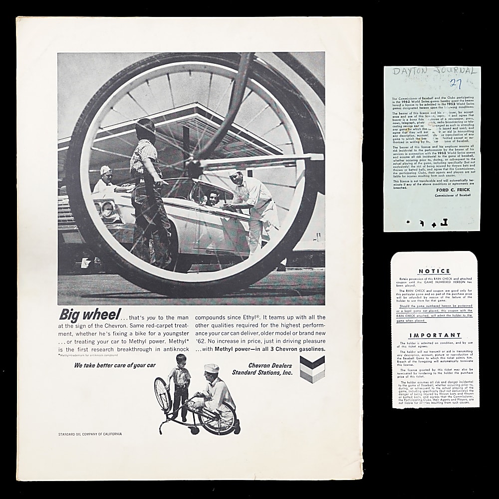 1962 World Series Trio with Press Pass, Program & Game 7 Ticket Stub - Yankees 20th Championship