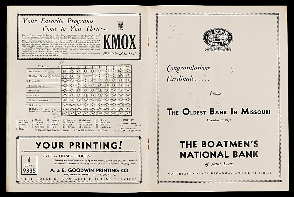 1931 World Series Game 1 Philadelphia Athletics at St. Louis Cardinals Program (Lefty Grove Win)