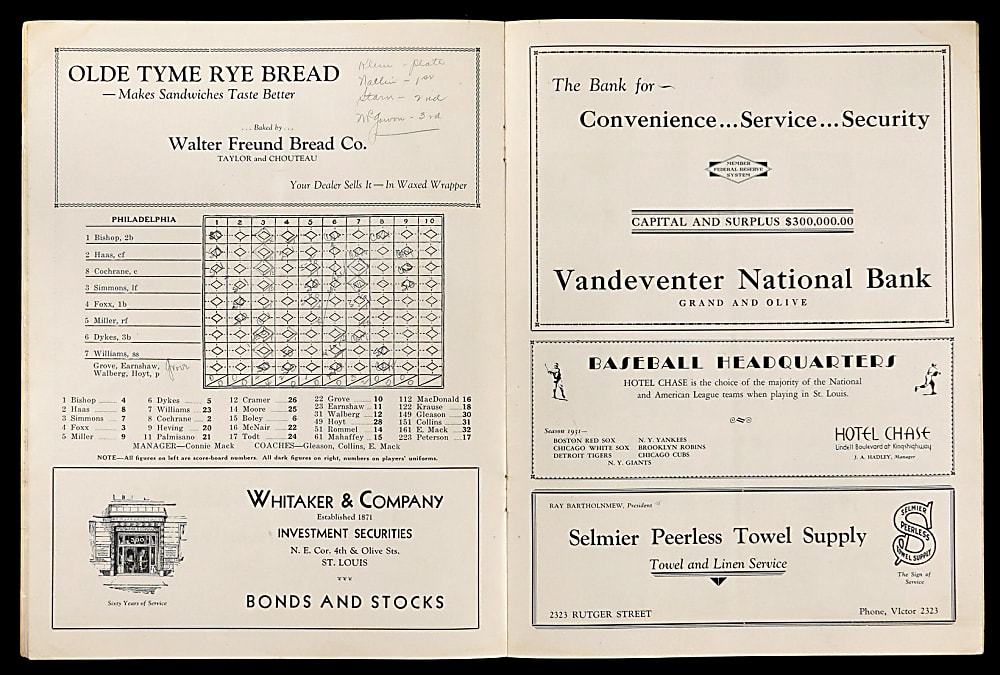 1931 World Series Game 1 Philadelphia Athletics at St. Louis Cardinals Program (Lefty Grove Win)