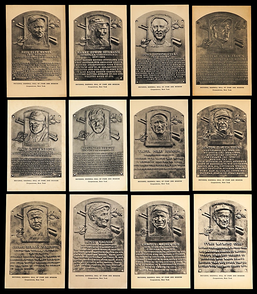1946-1952 Albertype Hall of Fame Plaque Postcards Type II Partial Set (50/63) with Ty Cobb, Jimmie Foxx & Babe Ruth