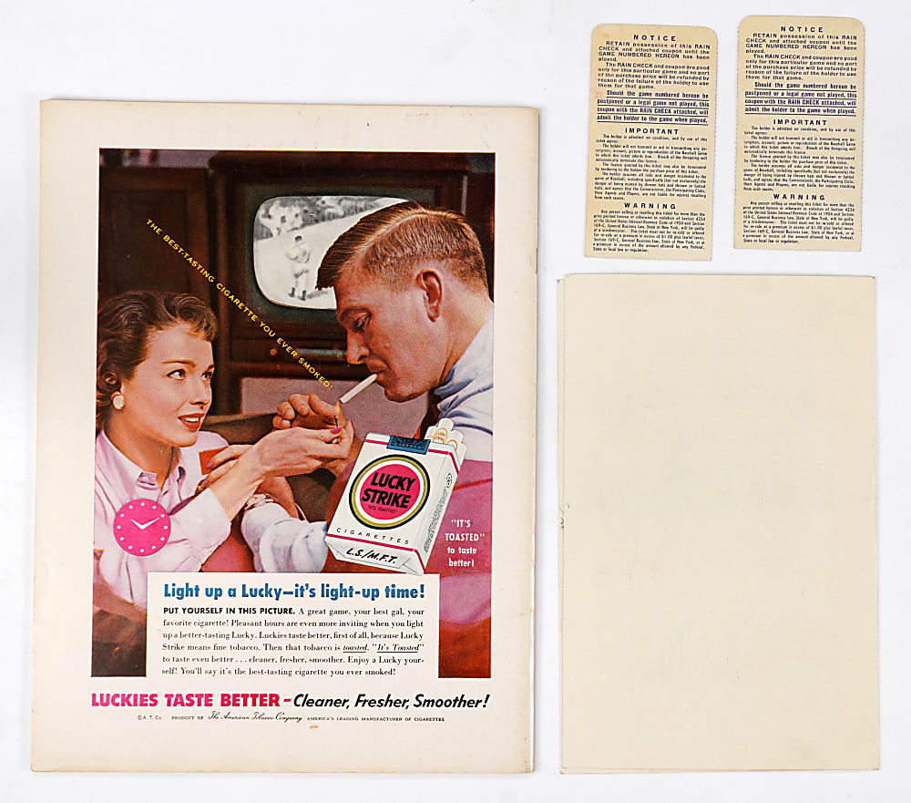 1955 Brooklyn Dodgers Versus New York Yankees Gameday Souvenirs (4) with Program, Scorecard & (2) Ticket Stubs