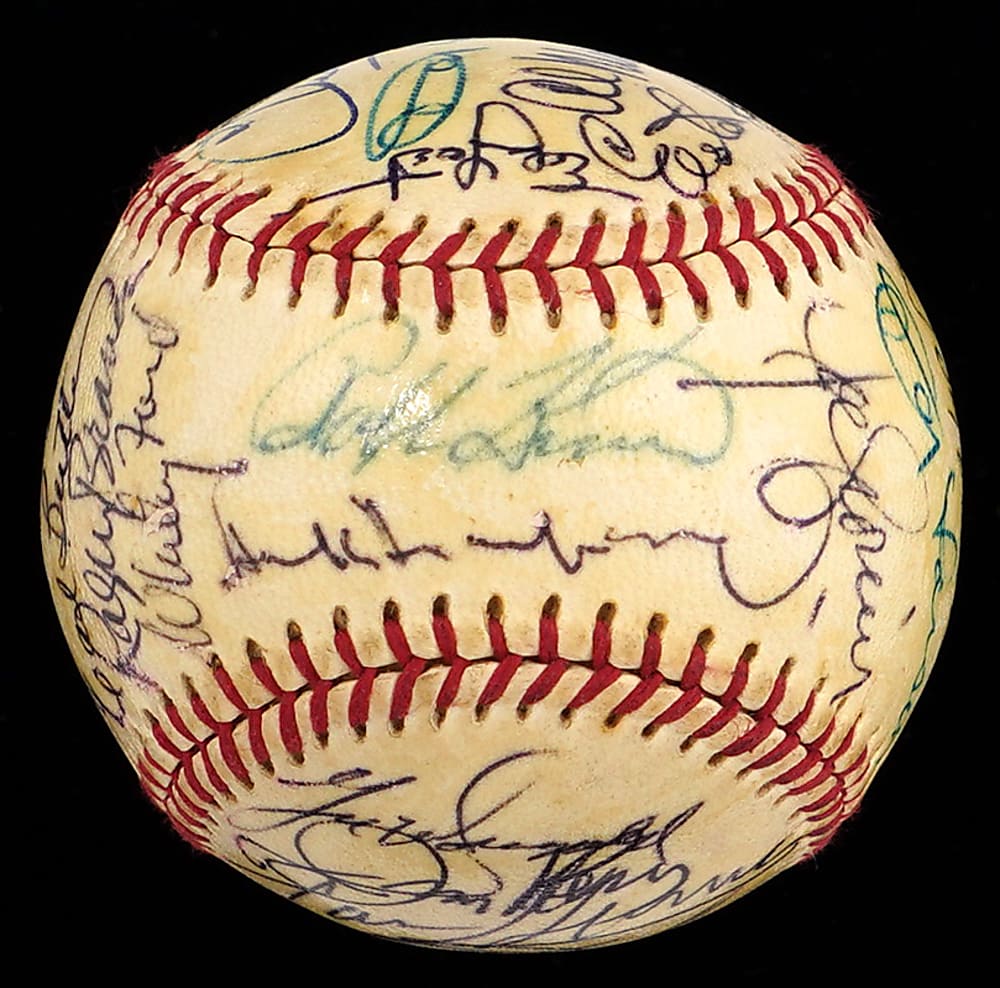 1970 Baseball Writers Association Dinner Multi-Signed Baseball with (27) Signatures Including (7) Hall of Famers : Hank Greenberg, Steve Carlton, Joe Cronin