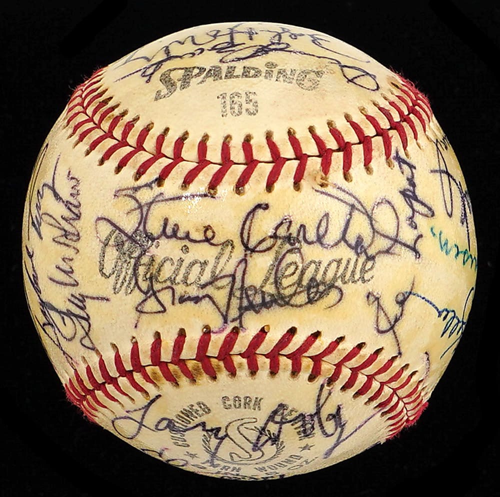 1970 Baseball Writers Association Dinner Multi-Signed Baseball with (27) Signatures Including (7) Hall of Famers : Hank Greenberg, Steve Carlton, Joe Cronin