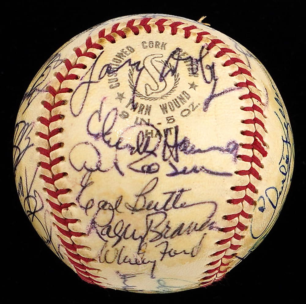 1970 Baseball Writers Association Dinner Multi-Signed Baseball with (27) Signatures Including (7) Hall of Famers : Hank Greenberg, Steve Carlton, Joe Cronin