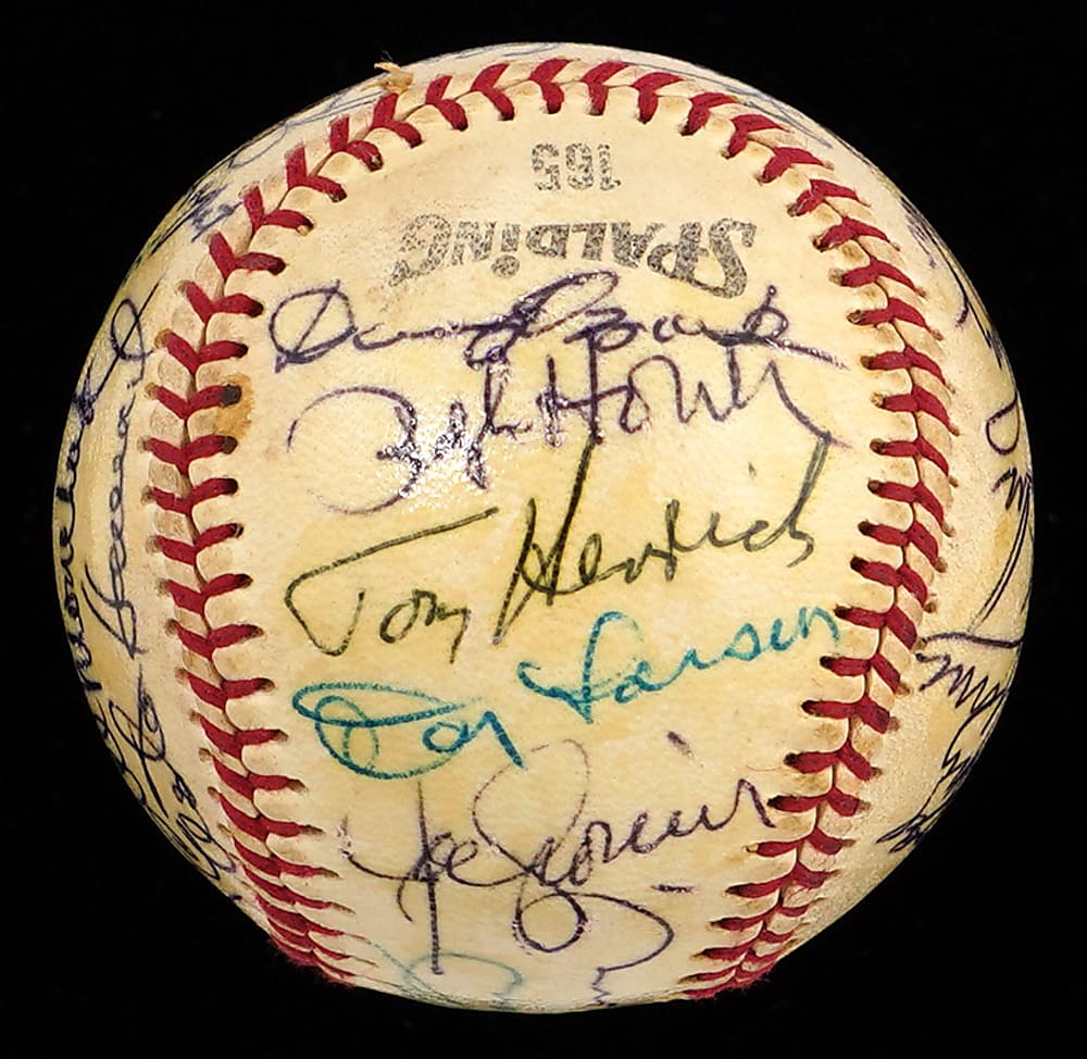 1970 Baseball Writers Association Dinner Multi-Signed Baseball with (27) Signatures Including (7) Hall of Famers : Hank Greenberg, Steve Carlton, Joe Cronin